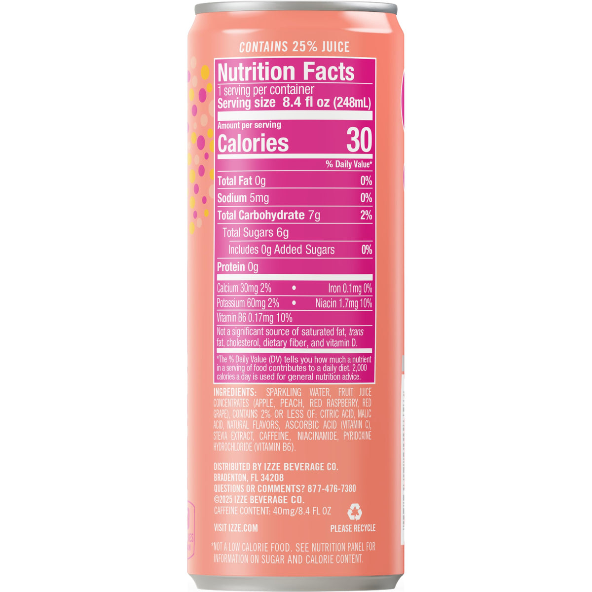 IZZE Spark Raspberry Peach with Caffeine, 24-pack, 8.4 fl oz cans