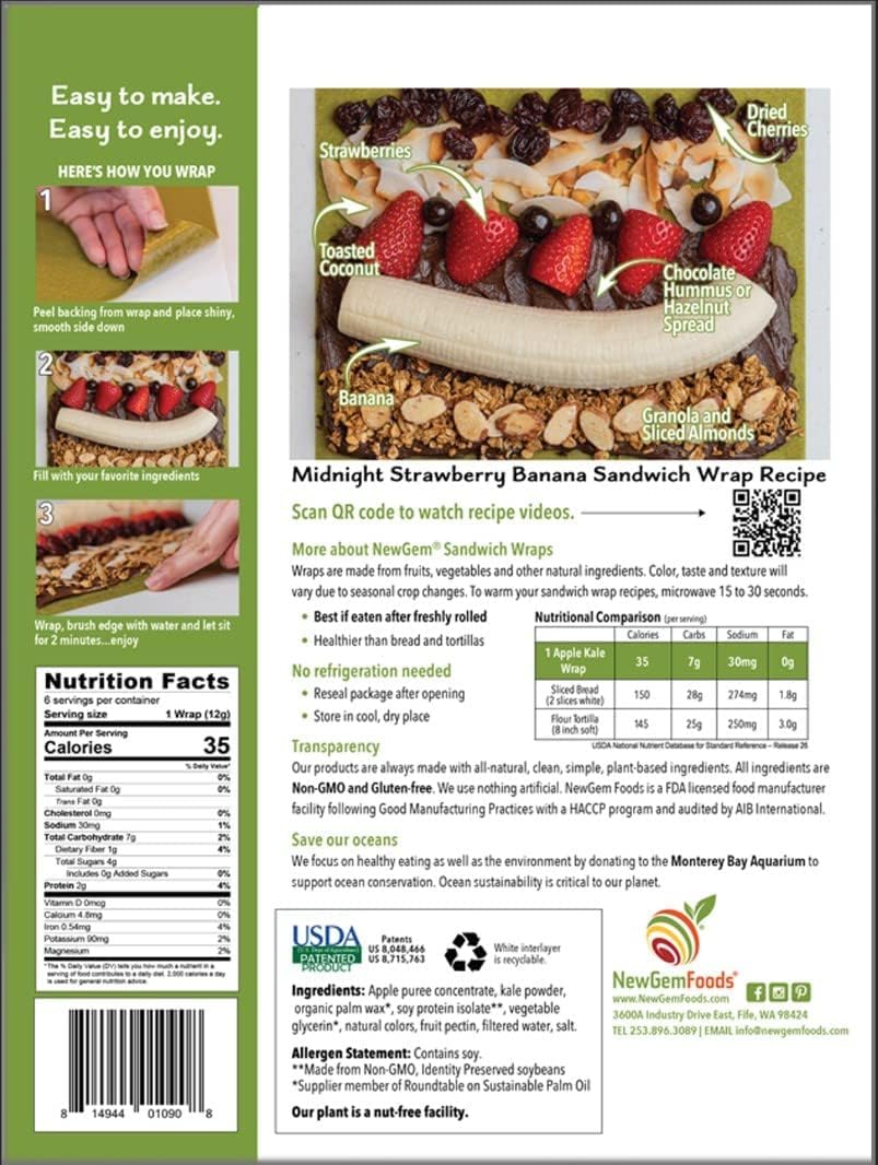 Apple Kale Sandwich Wraps (Two-Pack) - Gluten-Free, Low-Calorie Wraps Made with Real Fruits & Vegetables - Plant-Based, Non-GMO, Vegan, Paleo-Friendly