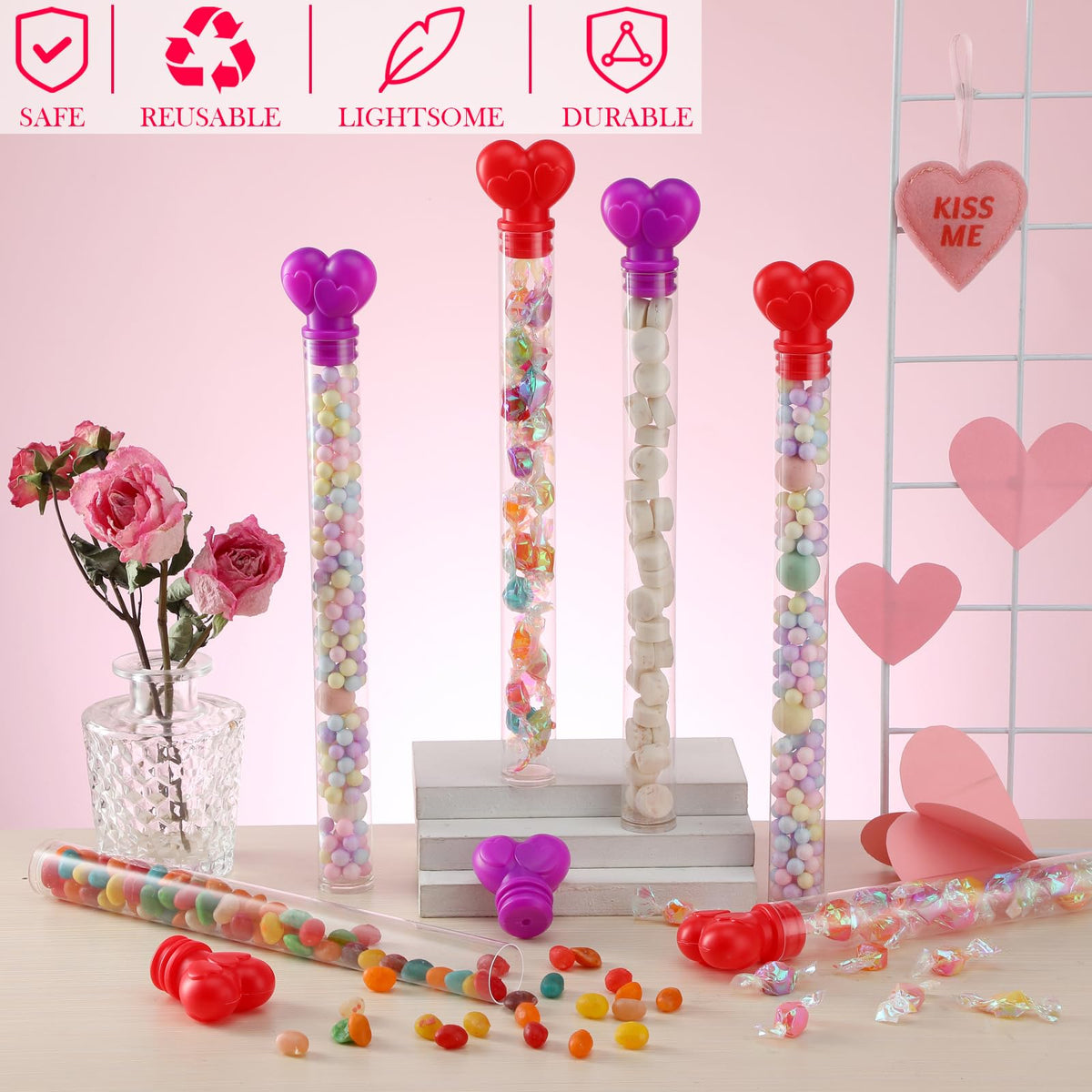 Hushee 72 Pcs Heart Shape Containers Heart Candy Tubes 11.61 inch Clear Empty Candy Containers with Head Toppers Party Favor Supplies for Treat
