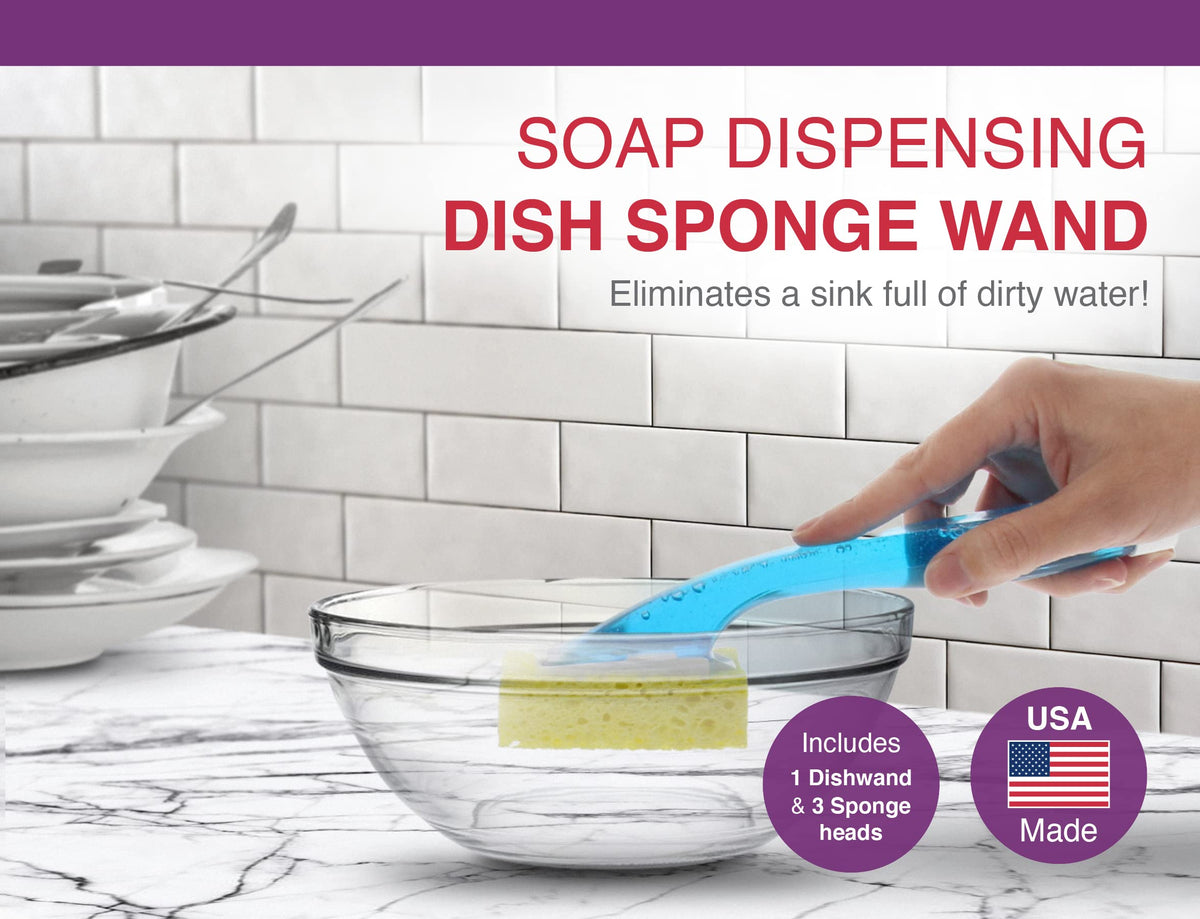 Arrow Dish Sponge w/ Soap Dispenser Handle & 2 Refill Sponges - Fillable Dish Wand for Quick, Convenient Cleaning - Easy to Refill - Built-In Scrubber