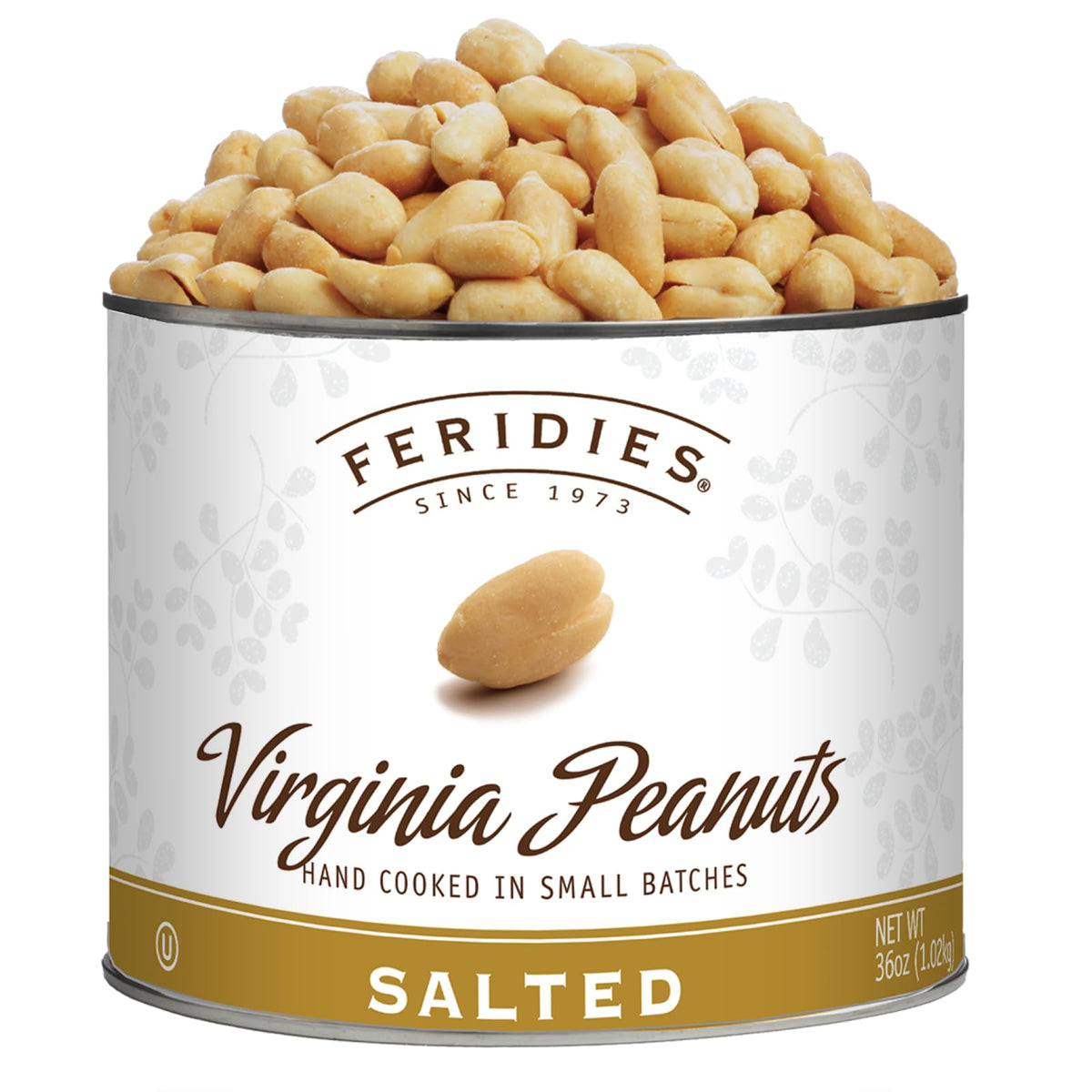 FERIDIES Extra Large Gourmet Virginia Salted Peanuts, Cooked in Pure Peanut Oil, No Preservatives, Non-Gmo, Kosher Certified - 36 Oz Tin
