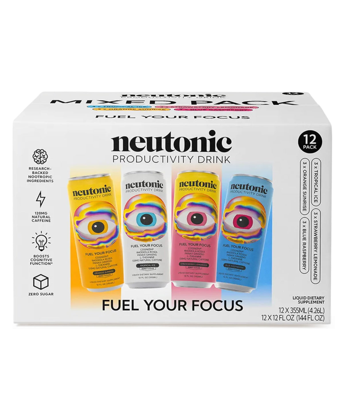 Neutonic Nootropic Productivity Energy Drink | Variety Pack 12 Cans | 120mg Natural Caffeine, Zero Sugar | Support Memory, Mental Clarity, Cognitive