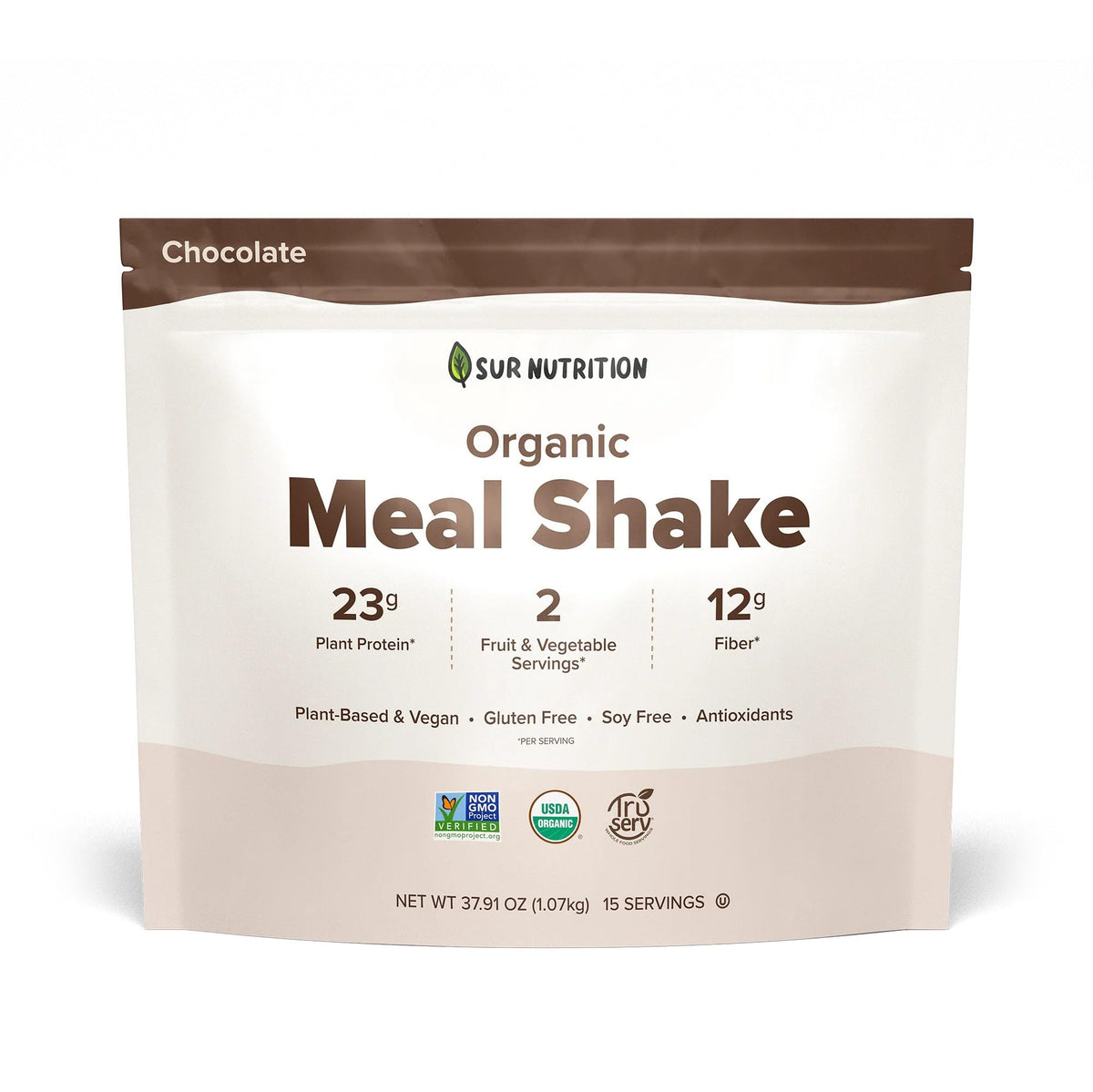 Sur Nutrition Organic Meal Replacement Shake - 23g Plant Protein, 12g Fiber, Gut Health Support, Vegan (Chocolate)