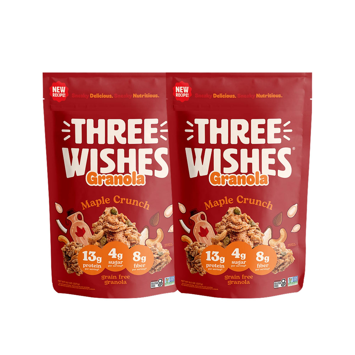 Three Wishes Granola - 13g of Protein & 4g of Sugar - Healthy Breakfast & On-the-Go Snack - Vegan, Kosher, & Grain-Free (8 Ounce Bags, Pack of 2)