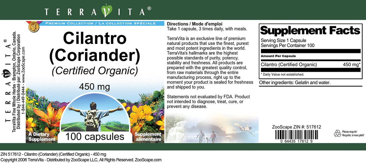 Cilantro (Coriander) (Certified Organic) - 450 mg (100 Capsules, ZIN: 517612) - 3 Pack