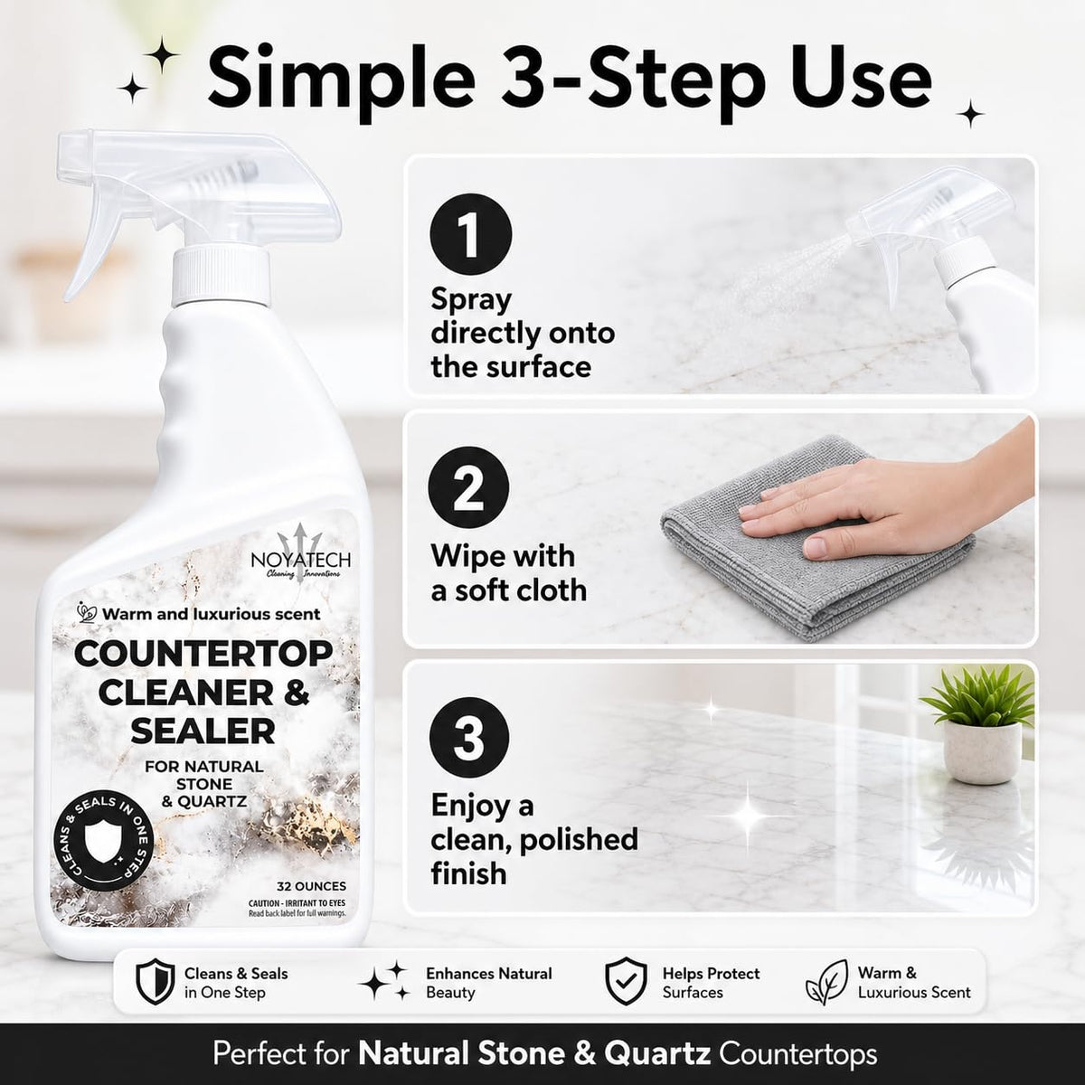 NOYATECH Countertop Cleaner & Sealer - Streak-Free Spray for Granite, Marble & Quartz | Cleans & Protects in One Step | USDA BioBased, Non-Toxic, No