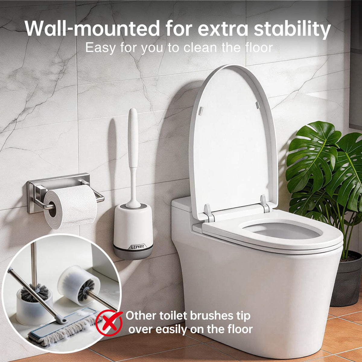 Lefree Silicone Toilet Brush and Holder, Bathroom Cleaner Brush Set, Non-Slip Handle Toilet Bowl Brush with TPR Soft Bristle, Wall Mounted/Floor