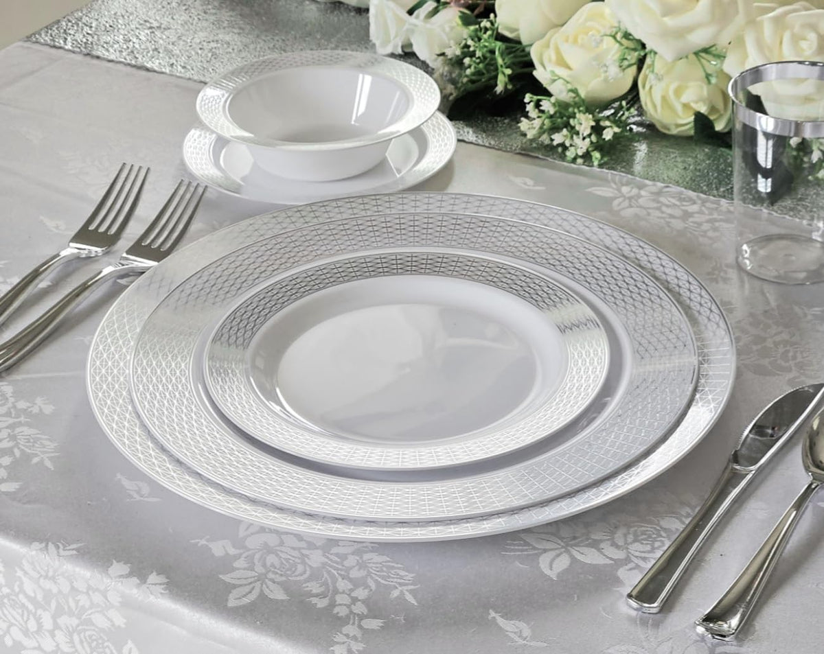 OCCASIONS 120 Pack Silver Charger Plates Bulk, 12" Disposable Heavy Duty Plastic Plate Chargers for Dinner Wedding Party Events, BPA Free (Diamond in