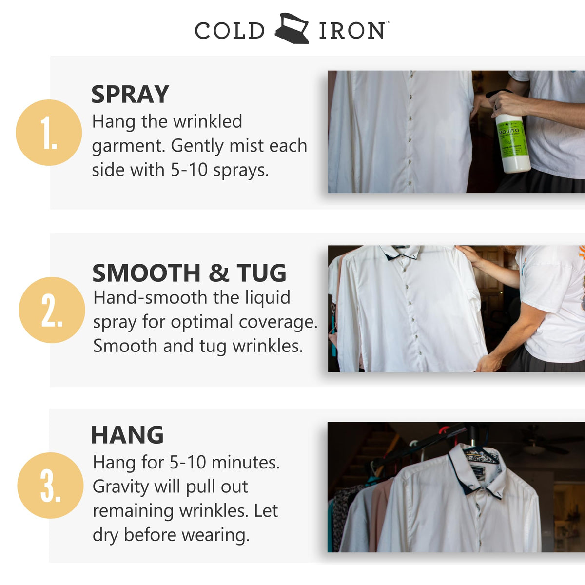 Cold Iron Wrinkle Release Spray for Clothes. 32 fl oz. Citrus Mint & Atlas Travel Size 3 fl oz Sea Breeze. Fast, Easy to Use Ironing Alternative