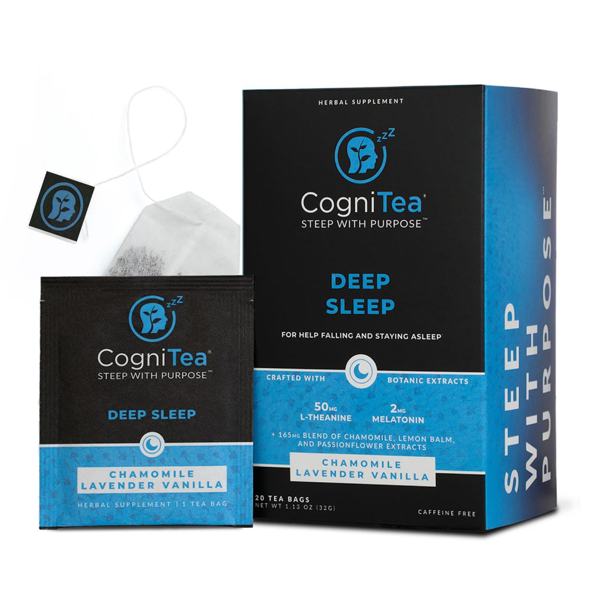 CogniTea Deep Sleep Tea 2mg Melatonin and 50mg L-Theanine for Deep Sleep with Valerian, Chamomile, Lemon Balm and Passion flower Extra Strength Sleepy