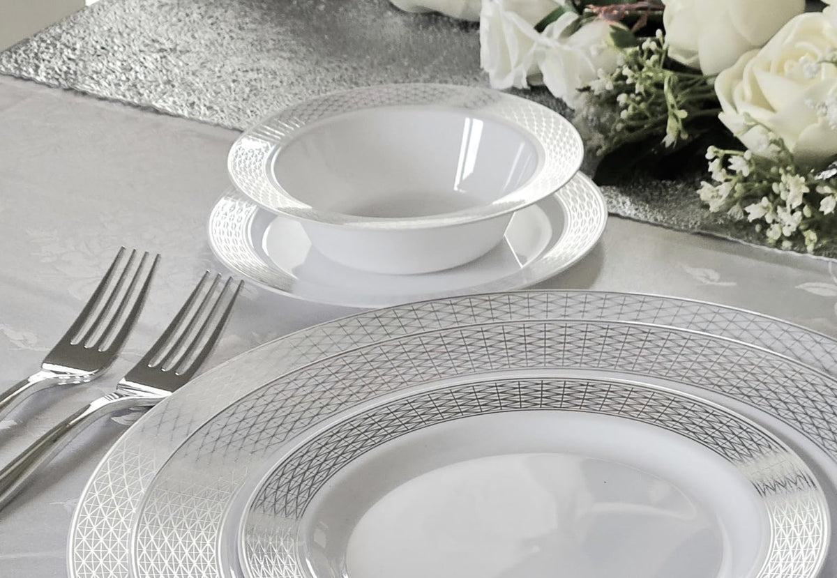 OCCASIONS 40 Pack Silver Charger Plates - 12 Inch Disposable Chargers for Dinner Plates Bulk, Premium Heavyweight Plastic for Wedding, Party & Events