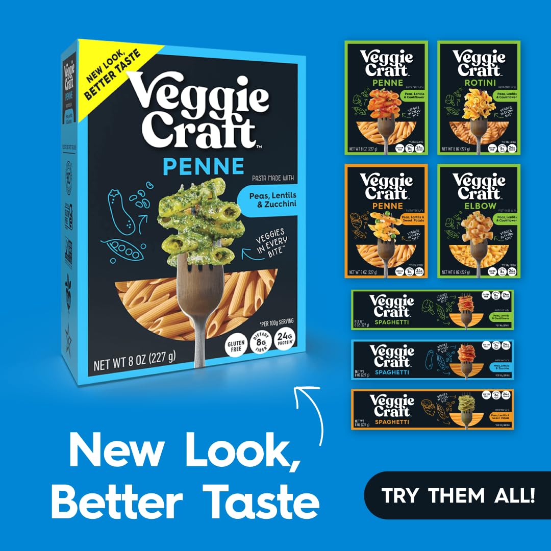 Veggiecraft Farms Penne Pasta - NEW BETTER TASTE - Low Carb Pasta, Protein Pasta, Lentil Pasta with Peas & Zucchini, High Fiber, Plant Based Pasta