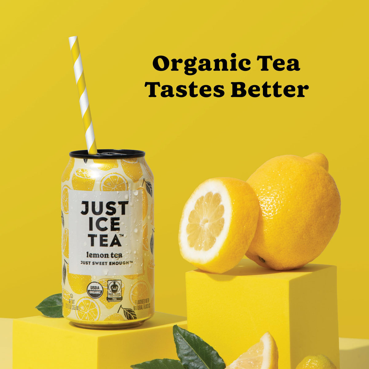 Just Ice Tea, Lemon Flavored Black Iced Tea, 4-Pack (12oz Cans), USDA Certified Organic, Real Brewed, Low Calorie, No Artificial Sweeteners, Fair