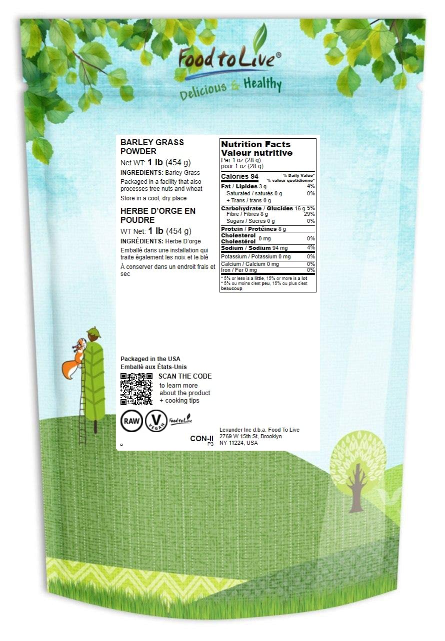 Food to Live Barley Powder, 1 Pound - Ground Whole Raw Dried Young Leaves, Fine Milled, Kosher, Vegan Superfood, Rich in Fiber, Protein. for Juices