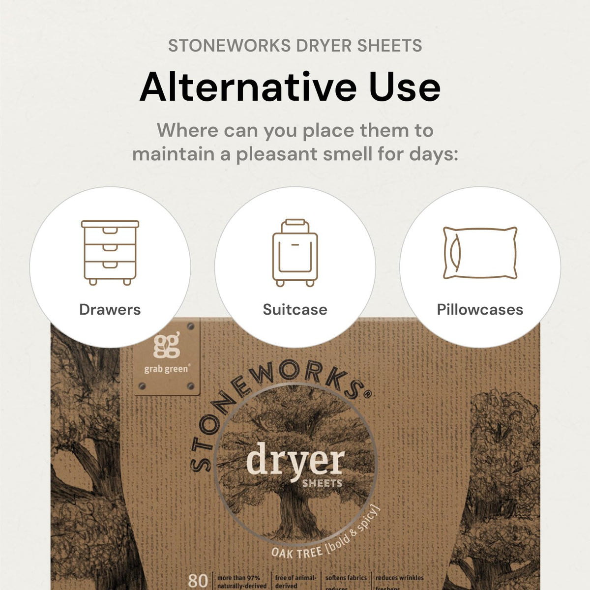 Grab Green, Stoneworks, Dryer Sheets, 80 Compostable Sheets (Birch Branch)