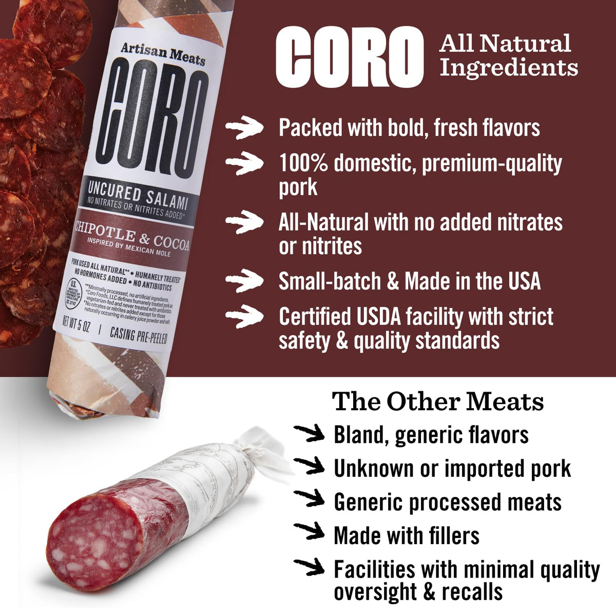 Coro Chipotle & Cocoa Dried Salami Stick - 5oz | Sweet, Savory, Bold Spices