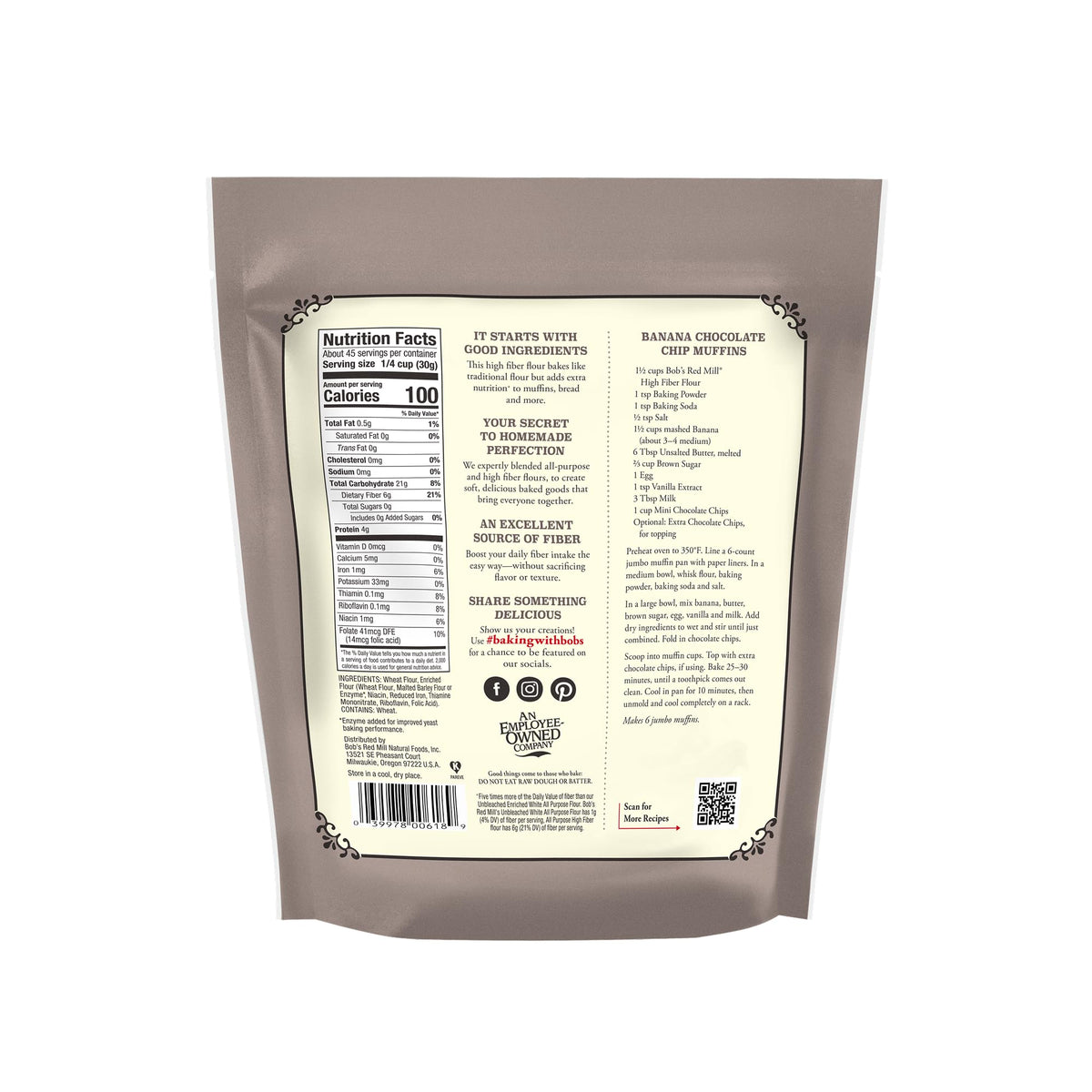 Bob’s Red Mill All Purpose High Fiber Flour - 3 lb Bag, 1-to-1 Baking Substitute, Excellent Source of Fiber, Non-GMO, Kosher