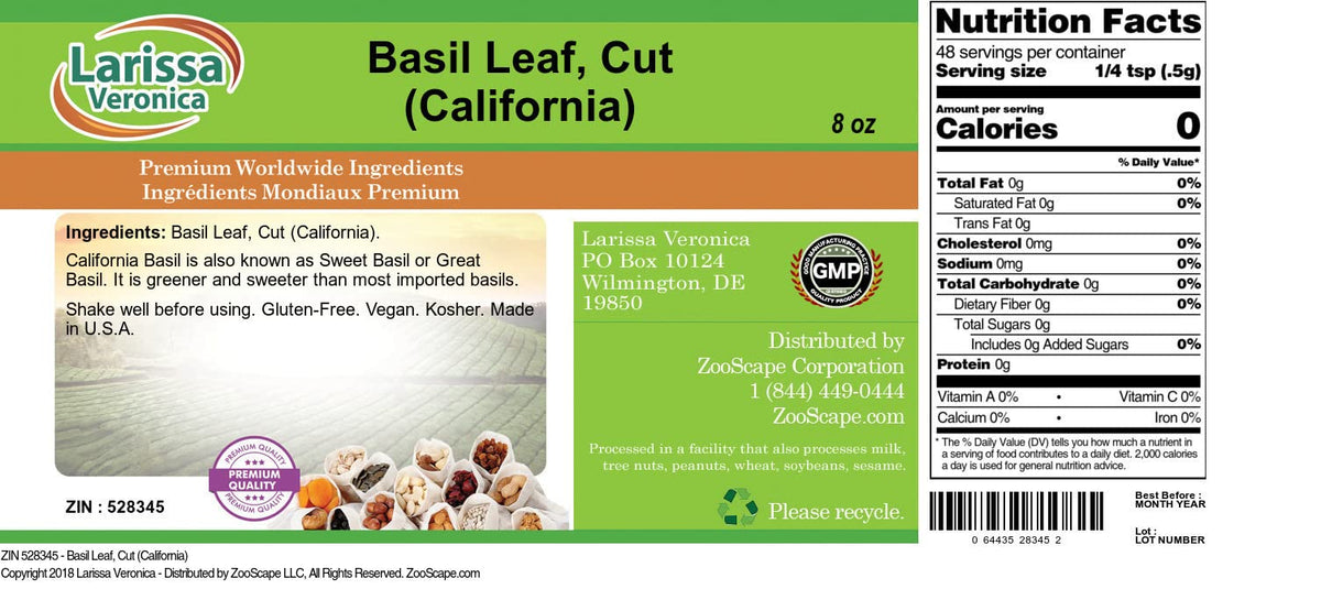 Basil Leaf, Cut (California) (8 oz, ZIN: 528345) - 3 Pack