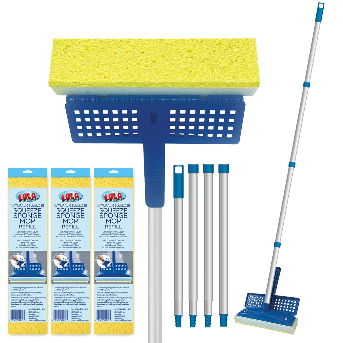 LOLA Squeeze Sponge Mop w/ Poly Foam & a Natural Cellulose Layer & 3 Replacement Heads / Refill Bundle, Absorbs & Wicks Moisture, Floor Cleaner