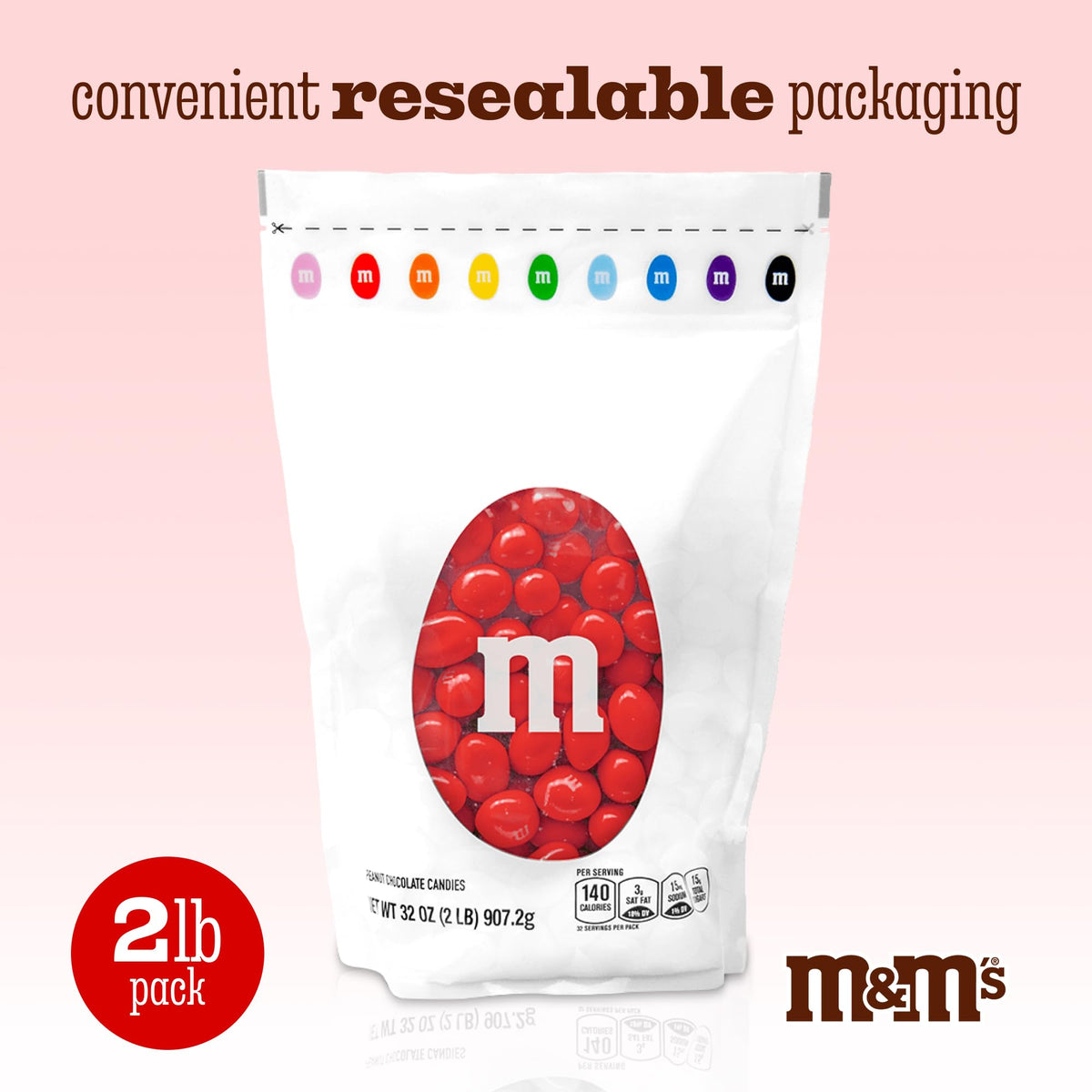 M&M'S Red Peanut Chocolate Candy, 2 lb Bulk Resealable Bag
