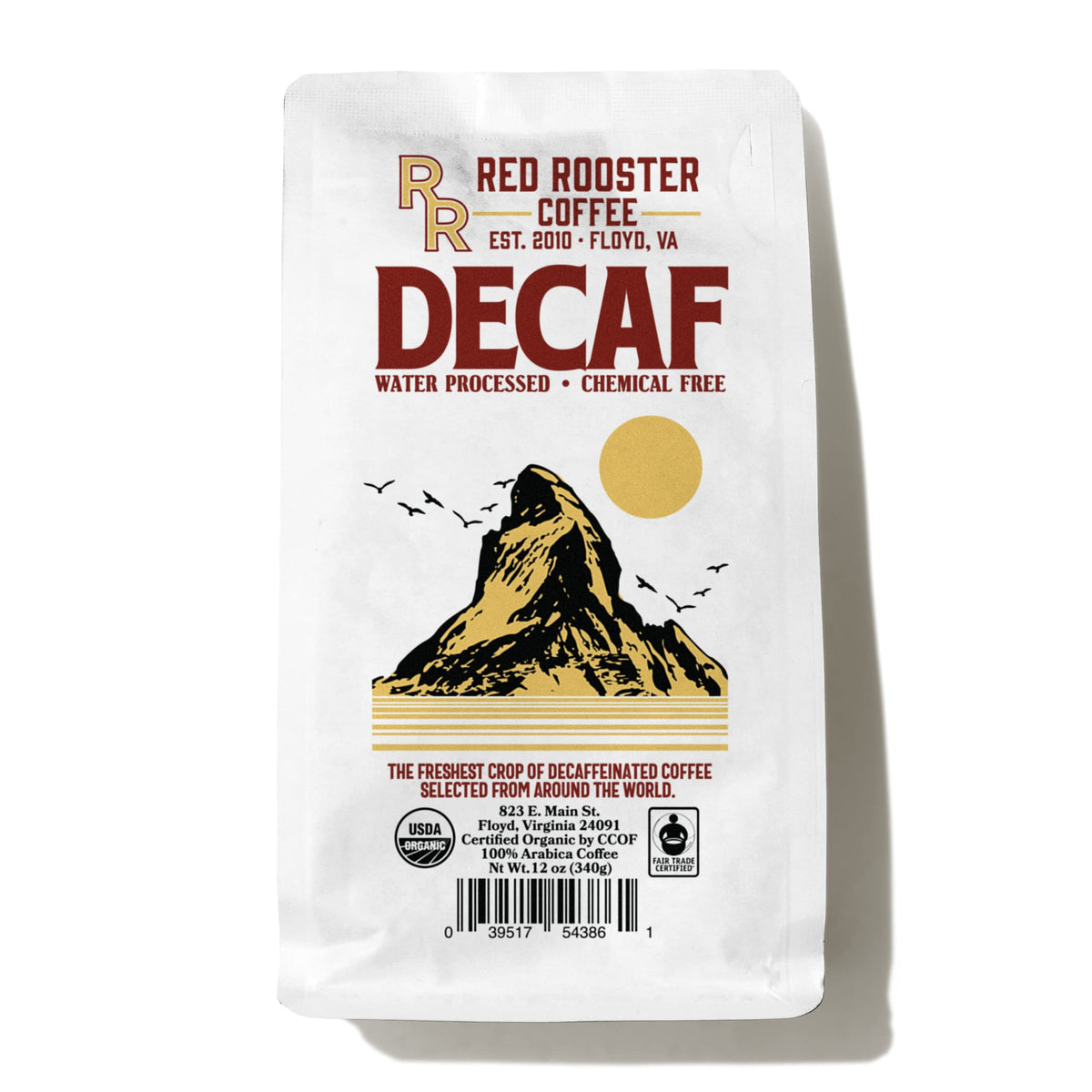 Red Rooster Coffee, Organic Decaf Coffee - Medium Roast Whole Bean - Notes of Dark Chocolate & Citrus - 12oz - Fair Trade, USDA Organic