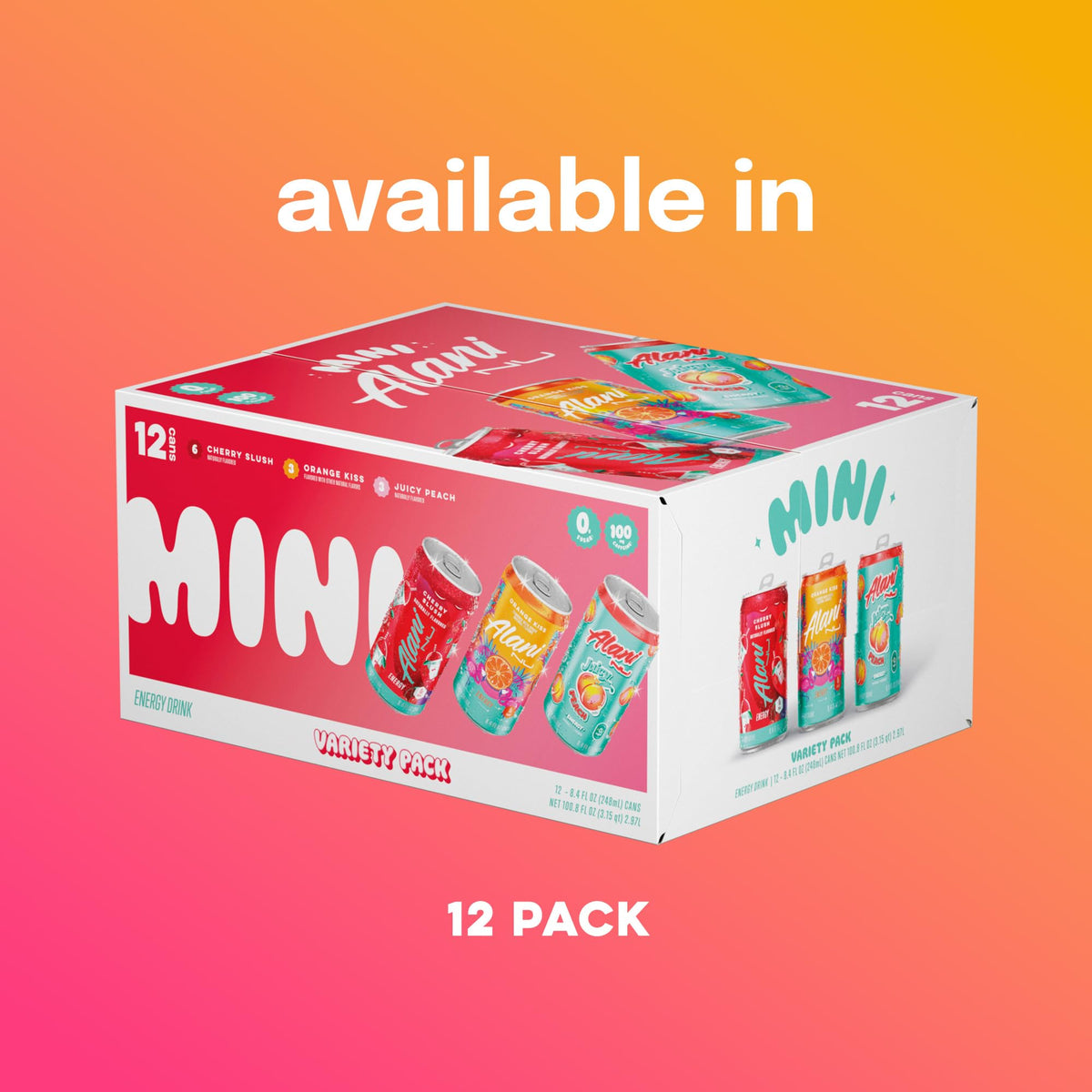 Alani Nu VARIETY PACK (CHERRY SLUSH, JUICY PEACH, ORANGE KISS), Low Calorie Energy Drinks, 100mg Caffeine, Biotin, B Vitamins, Zero Sugar, 10 Calories