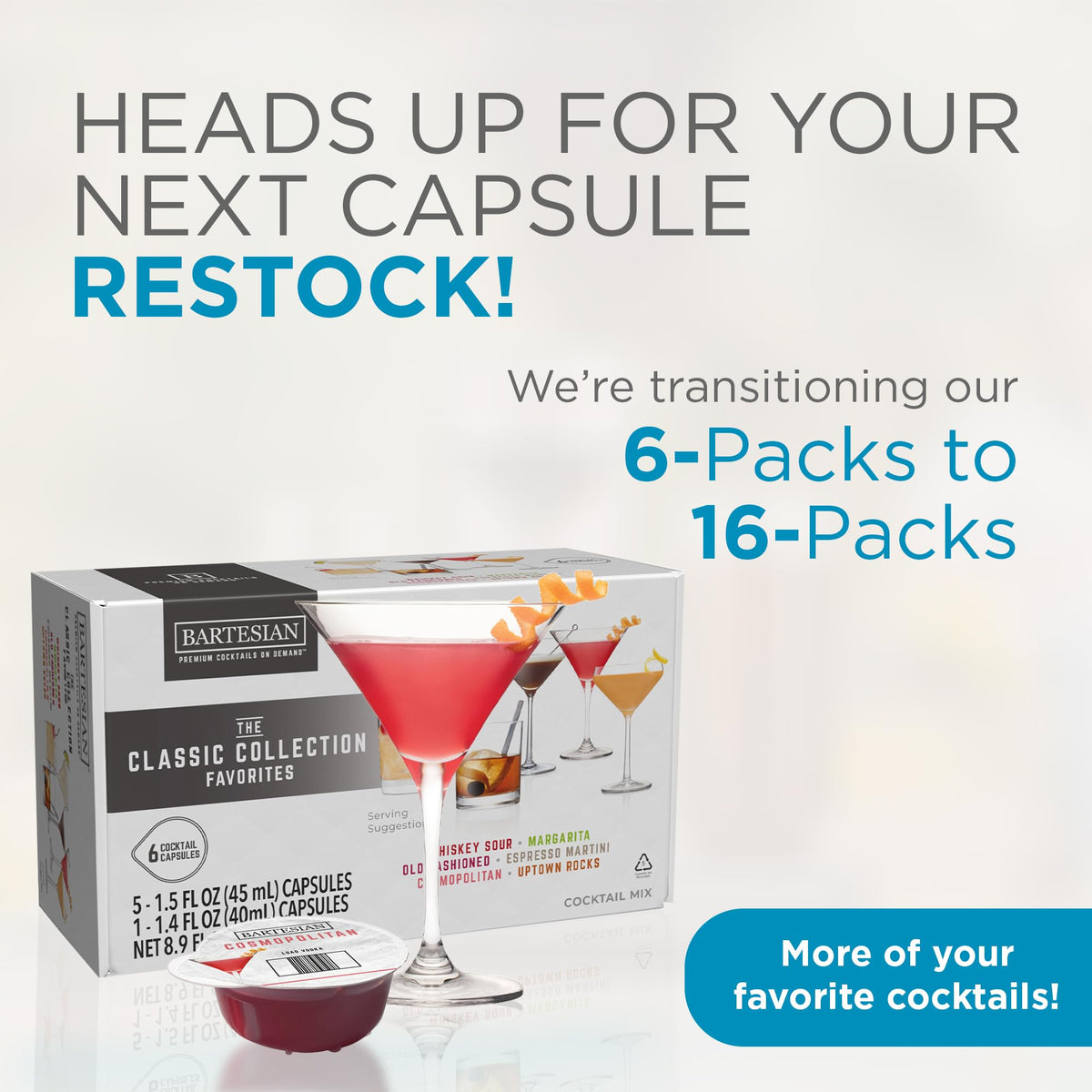 The Classic Collection Capsules, Variety Pack of 6 for Bartesian Premium Cocktail Maker (55524)