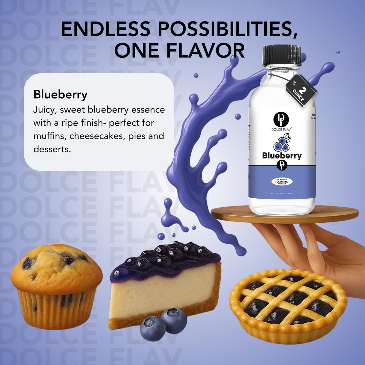 Dolce Flav Blueberry Extract - 2 Ounce Oil-Soluble Kosher, Sugar-Free, Concentrated Ripe Blueberry Flavoring for Baking, Chocolates & Desserts