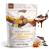 Snackathon Milk Chocolate Sea Salt Vanilla Caramels, 7 oz, Vanilla Infused Chocolate Covered Caramels Made in Small Batch, Sweet & Salty Snacks in
