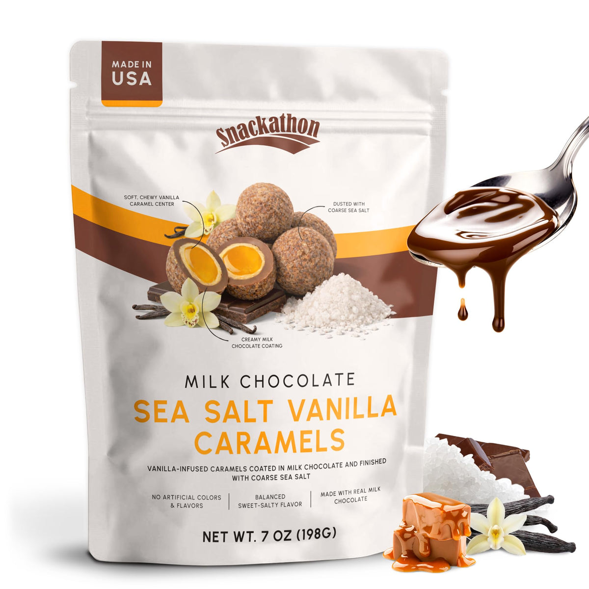 Snackathon Milk Chocolate Sea Salt Vanilla Caramels, 7 oz, Vanilla Infused Chocolate Covered Caramels Made in Small Batch, Sweet & Salty Snacks in