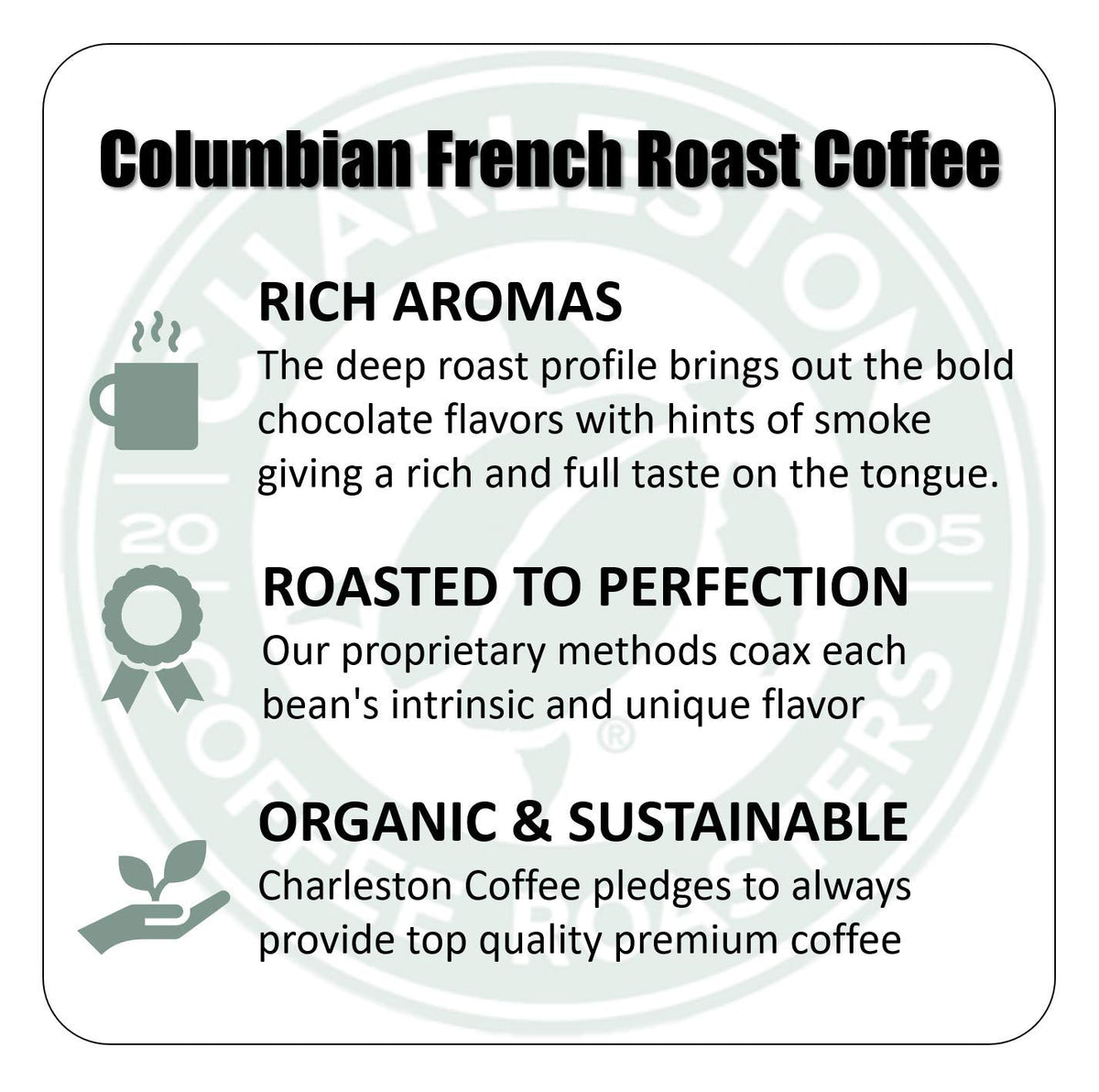 Charleston Coffee Roasters | Specialty Organic Ground Bag | Hand Picked, Premium Slow Roast (Colombian French, Bold Roast) 12oz