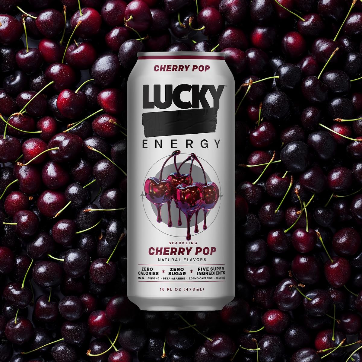 Lucky Energy Drink Cherry Pop, Zero Sugar, 200mg Caffeine, 12 Pack