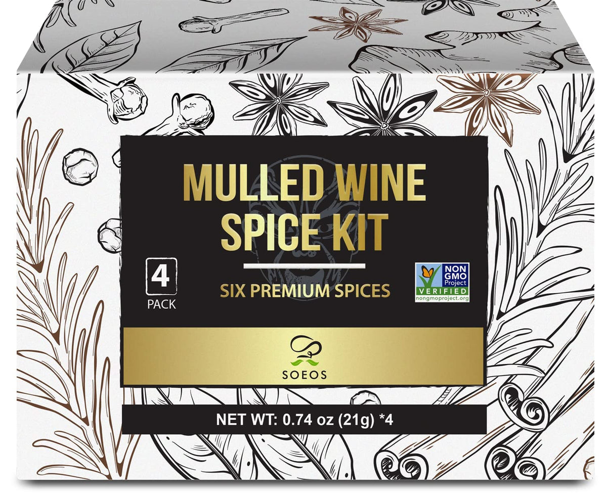 Soeos Mulled Wine Spice Kit 2.96 oz (0.74 oz*4), Mulling Spices for Wine, Apple Cider, and Tea, Mix of Six Premium Mulling Spices, Including Cinnamon