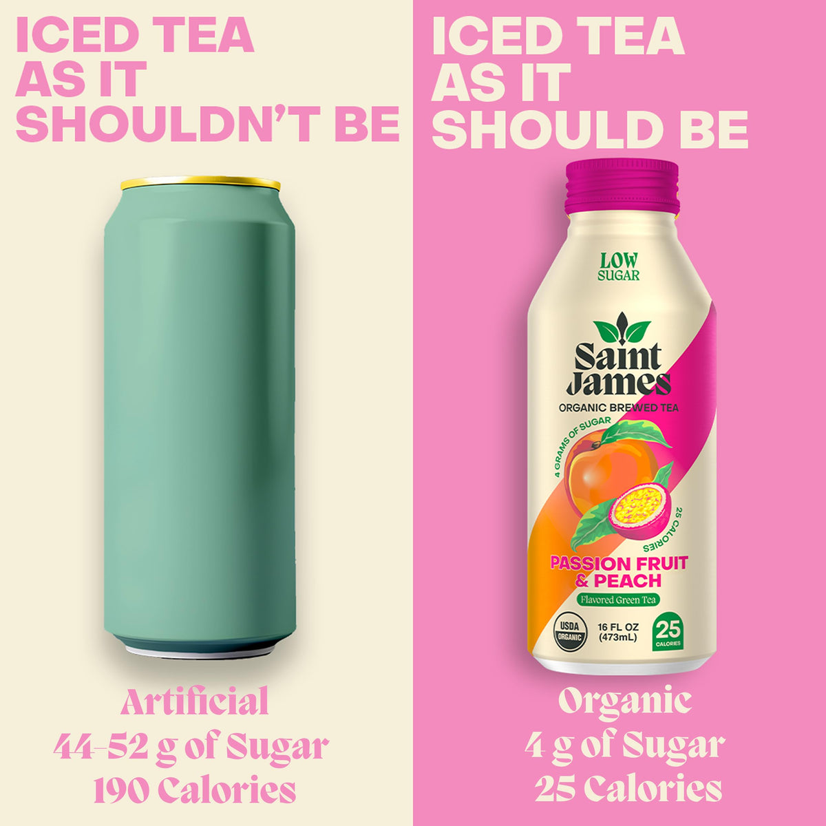 Saint James Iced Tea - Organic Green Tea - Non GMO, Gluten Free, Low Calorie & Low Sugar - Passion Fruit & Peach, 12 Pack (16 fl oz each)