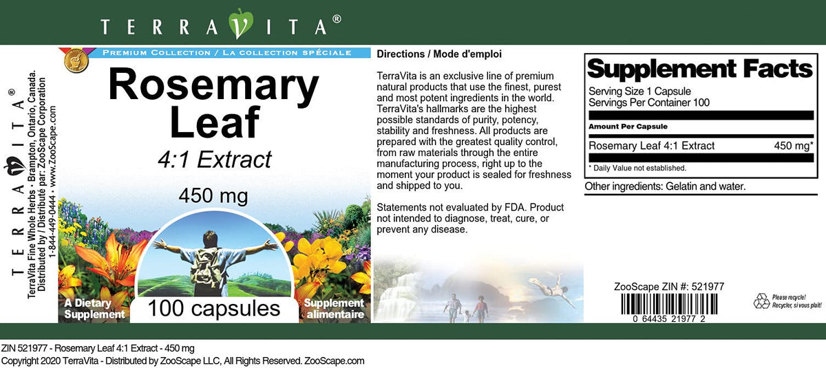 Rosemary Leaf 4:1 Extract - 450 mg (100 Capsules, ZIN: 521977)