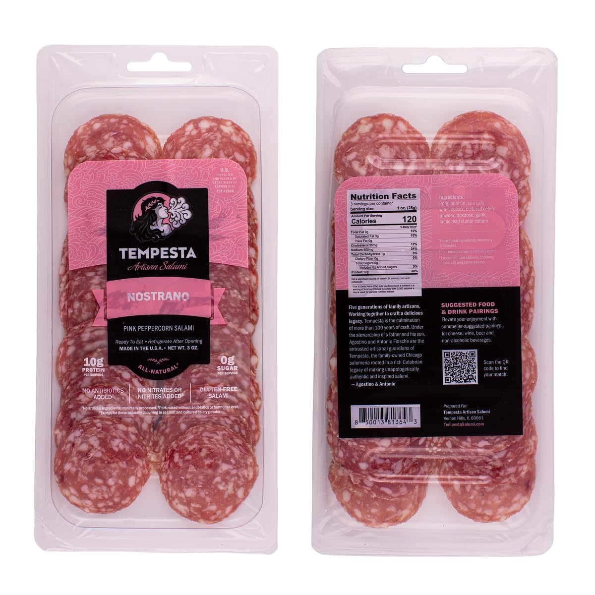 Tempesta NOSTRANO Pink Peppercorn Salami, 3 OZ (Pack of 3)