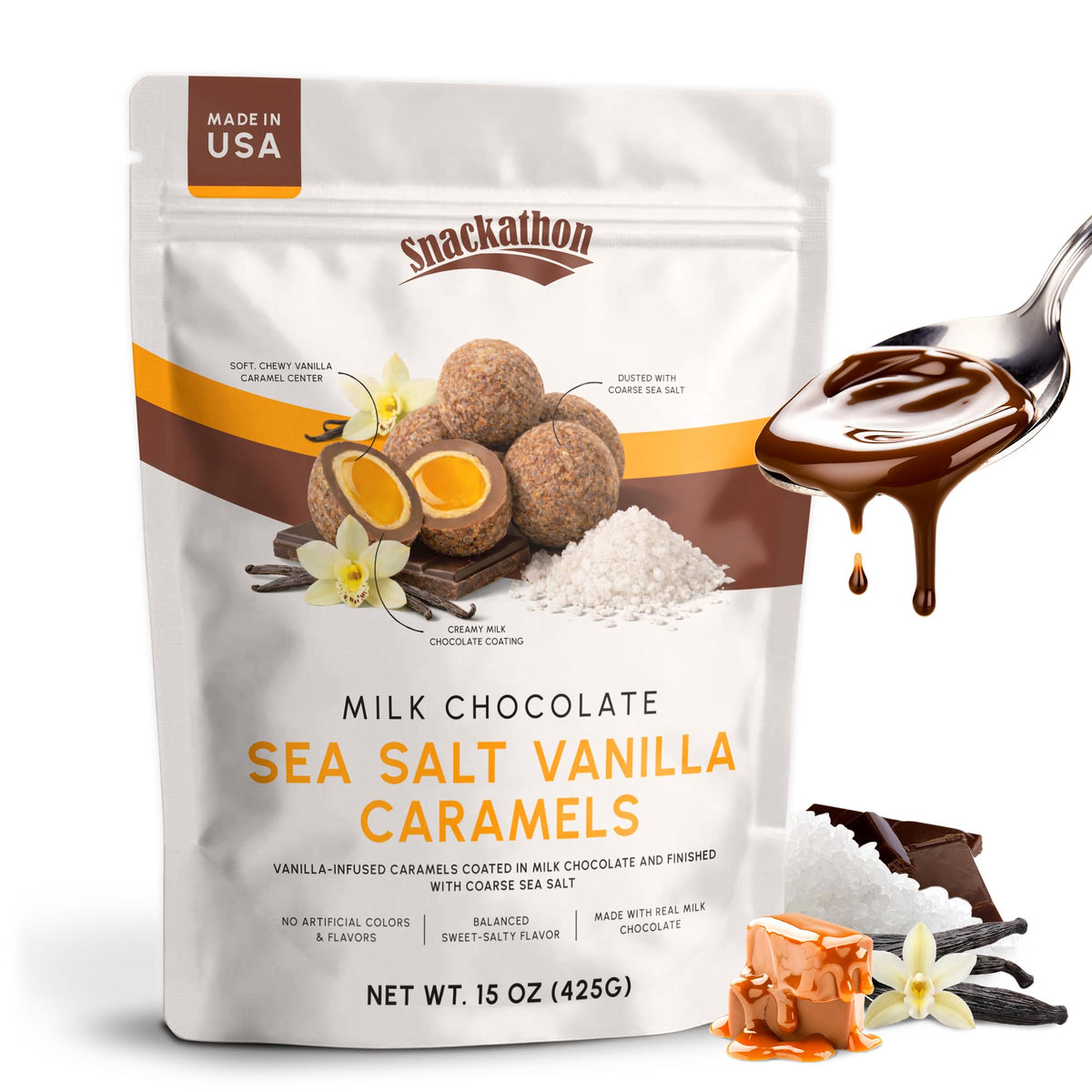 Snackathon Milk Chocolate Sea Salt Vanilla Caramels, 15 oz, Vanilla Infused Chocolate Covered Caramels Made in Small Batch, Sweet & Salty Snacks in