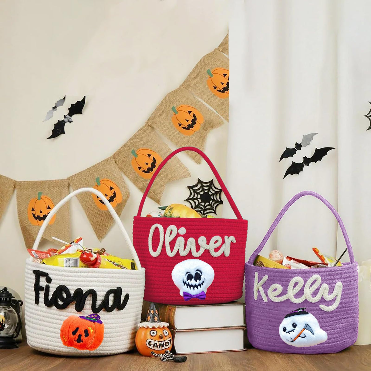 Personalized Halloween Basket for Kids Custom Trick or Treat Bags with Name Customized Woven Candy Bag with Handle Halloween Pumpkin Bucket Ghost