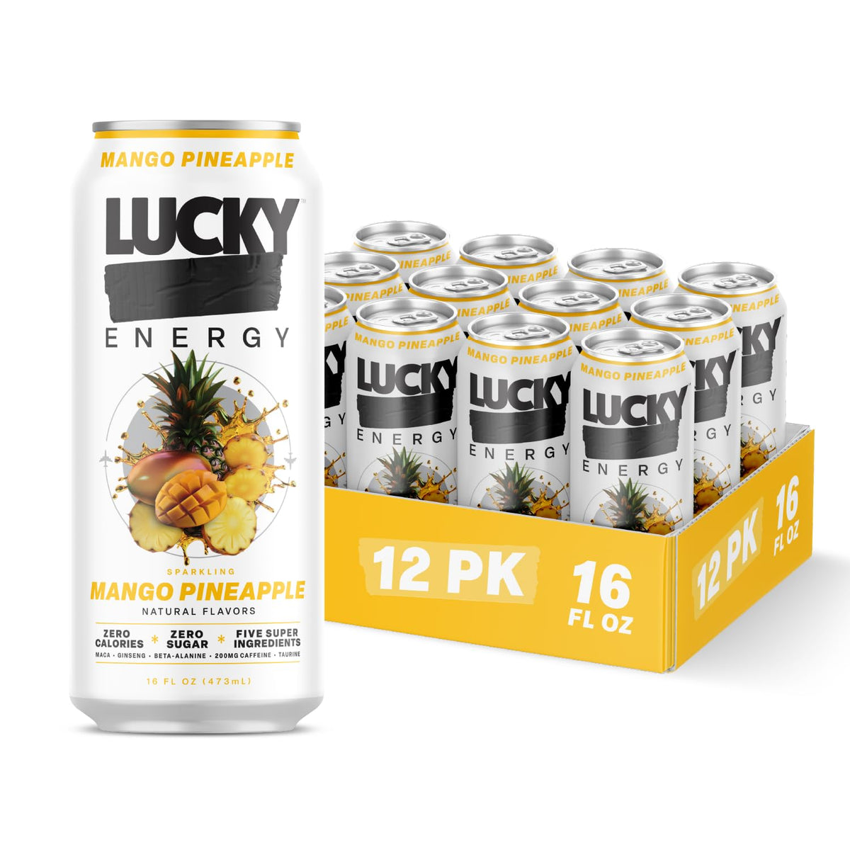 Lucky Energy Drink Mango Pineapple, Zero Sugar, 200mg Caffeine, 12 Pack