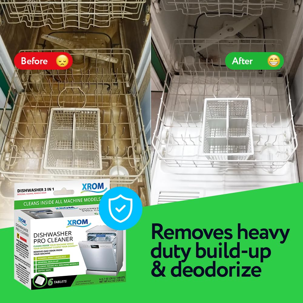 XROM Dishwasher Cleaner Tablets, Plant Based, Deep Clean and Descaler, Removes Odors & Hard Water Stains, 6 Treatments.