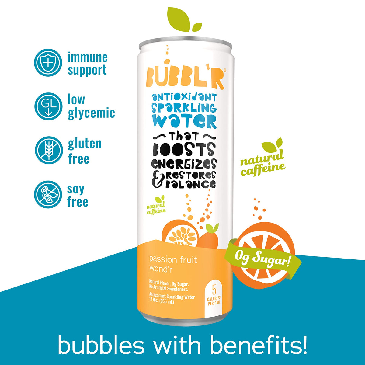 BUBBL'R passion fruit wond'r, Antioxidant Sparkling Water with Natural Caffeine, 0g Sugar, Gluten Free, All Natural Flavors, 12 Fl Oz Cans, 12 Count