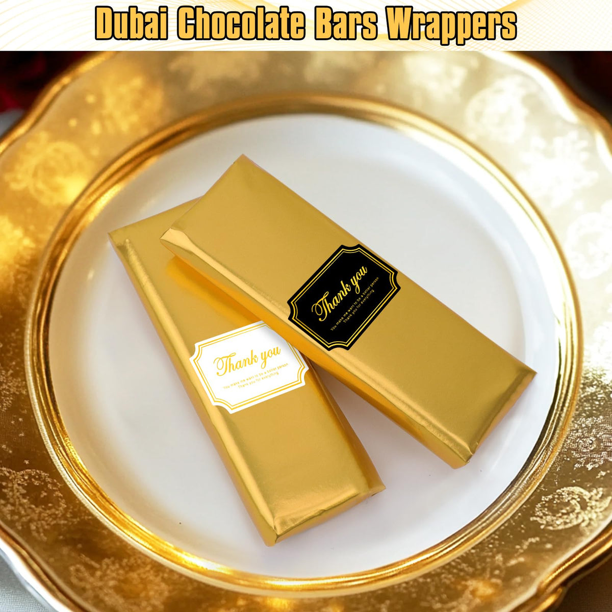Dreamtop 100PCS Large Dubai Chocolate Bar Pistachio Wrappers Packaging with Stickers, 11 x 7.9 inch Chocolate Bar Gold Aluminum Foil Wrapper