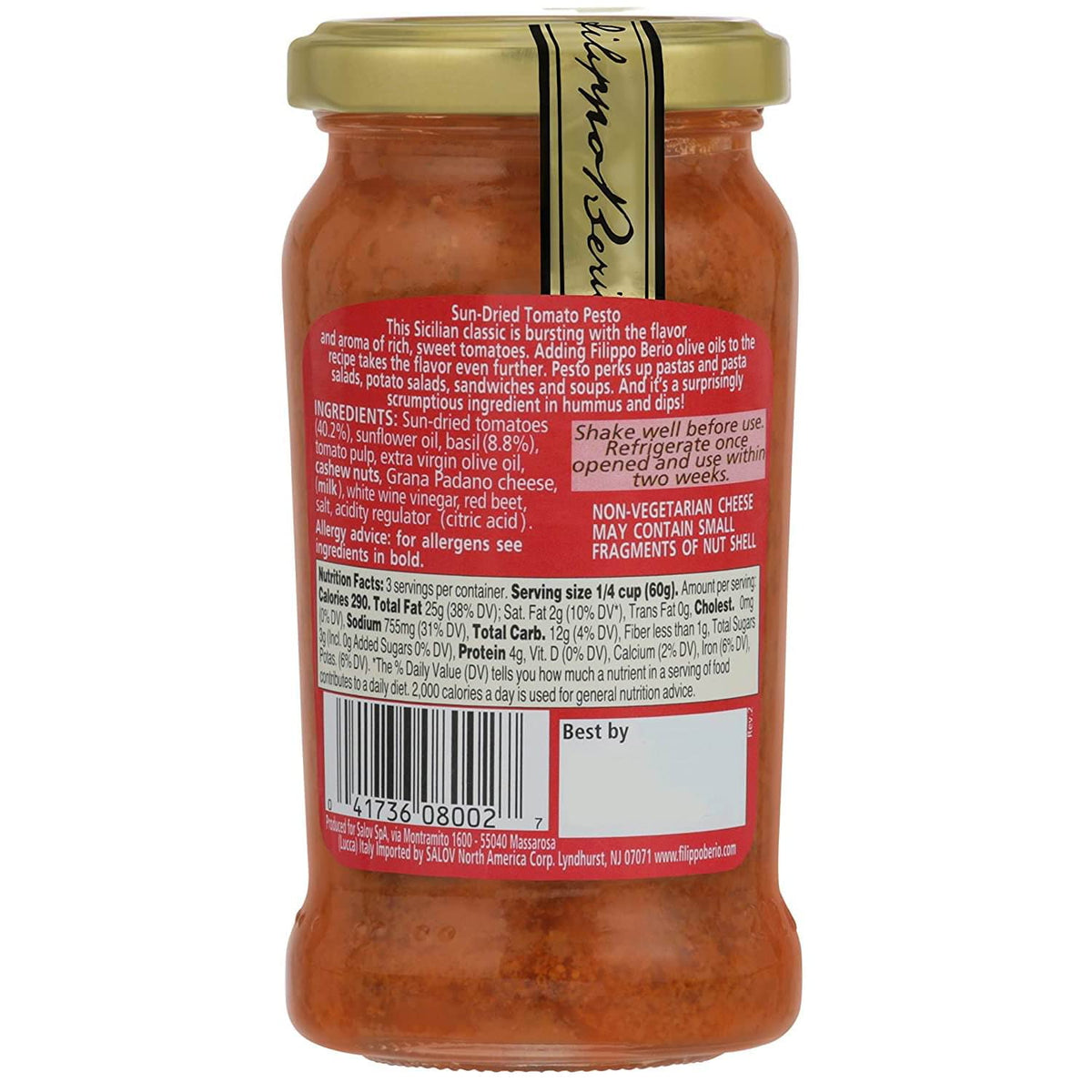 Filippo Berio Pesto, Sun Dried Tomato, 6.7 Ounce Glass Jar