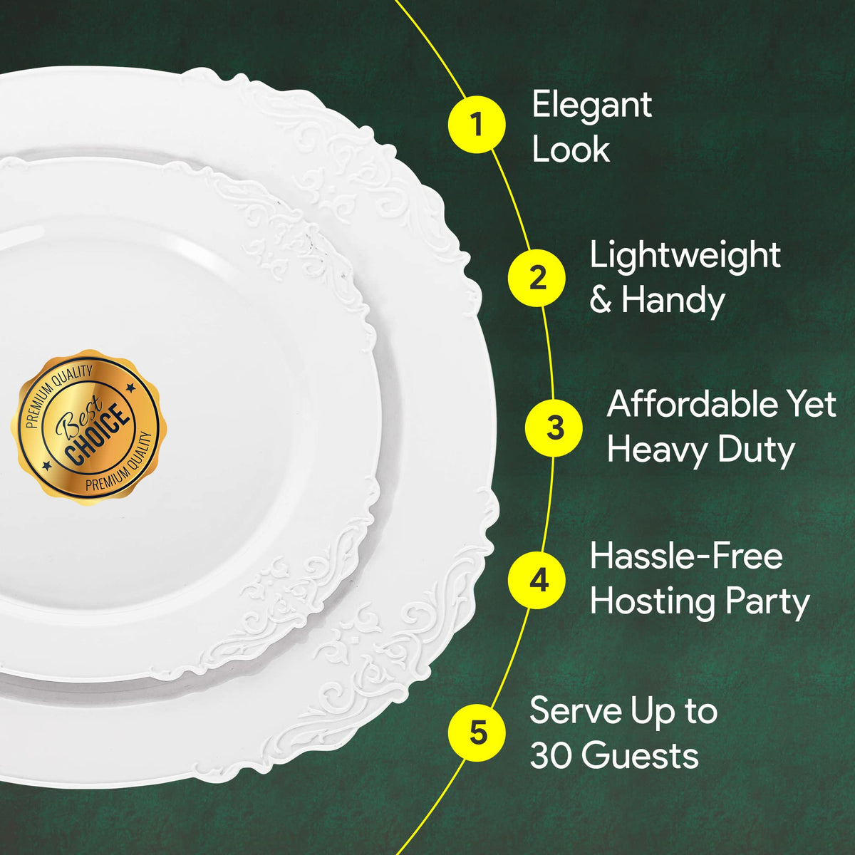 Zlion 60 Piece White Disposable Plate Set - Elegant Plastic Dinnerware for Parties, Weddings, Birthdays & Baby Showers - Includes 30X 10.25 inch Main
