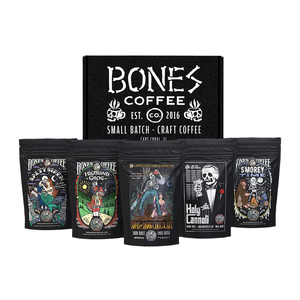Bones Coffee Company NEW Favorite Flavors Sample Pack, Assorted Flavored Coffee Low Acid Medium Roast Arabica Beans Specialty Coffee Gifts, Auto Drip
