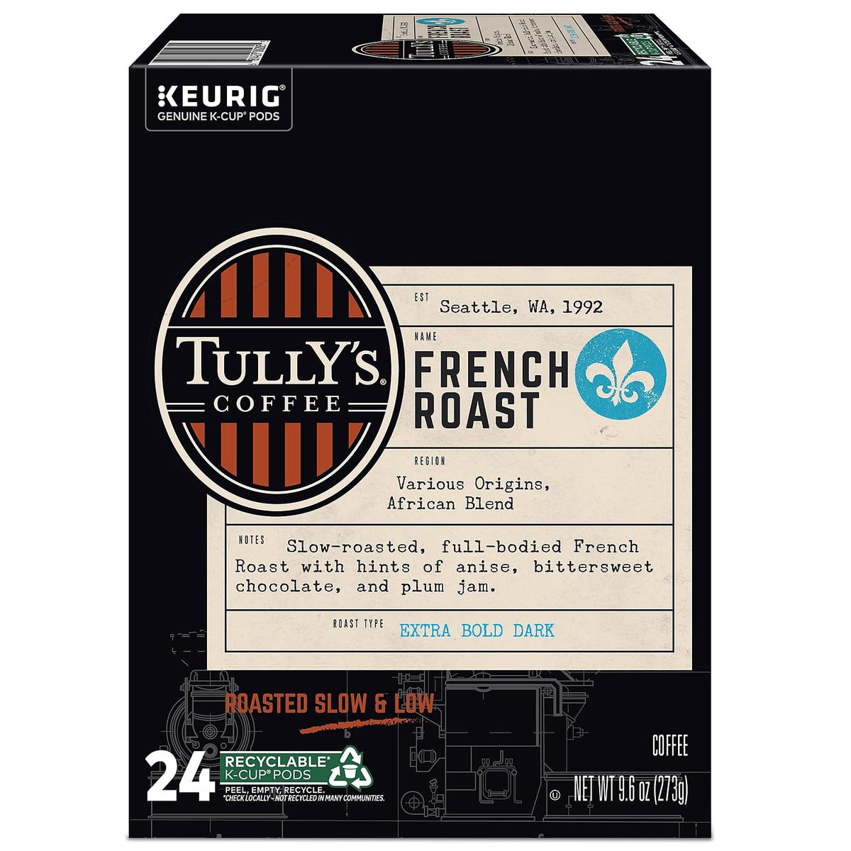 Tully's Coffee French Roast Coffee K-Cups, Box Of 24