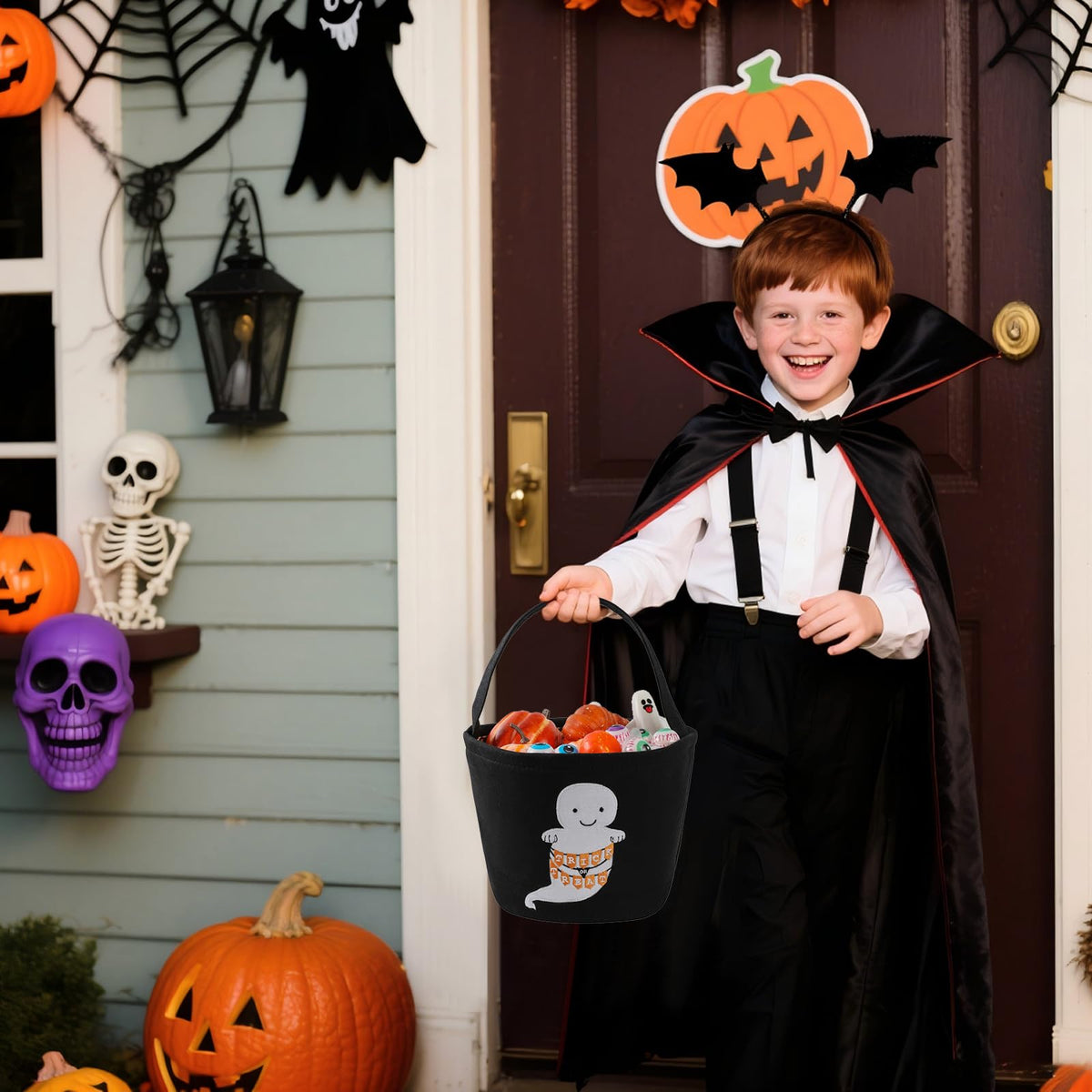 Halloween Basket Ghost Trick or Treat Bucket for Kids, Halloween Candy Bucket 7.9X13.9 Spooky Candy Tote Bag for Girl Boy Trick or Treat, Party Favor