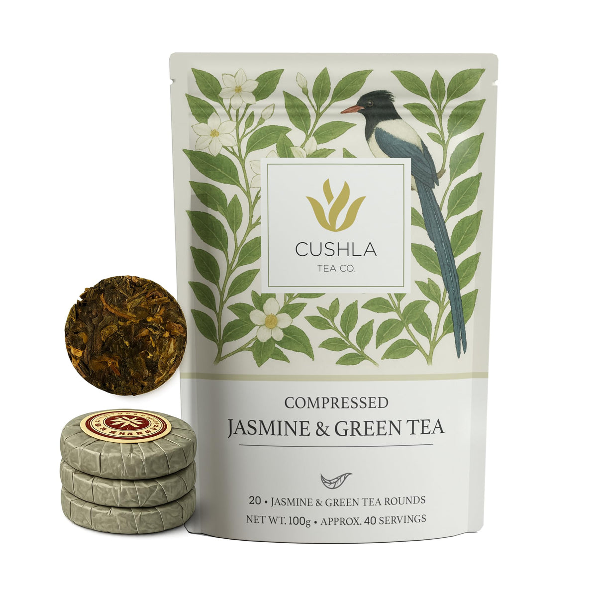 Compressed Jasmine & Green Tea Coins - Premium Jasmine Chinese Tea | Floral, Smooth Flavor | 20 Pressed Mini Tea Cakes