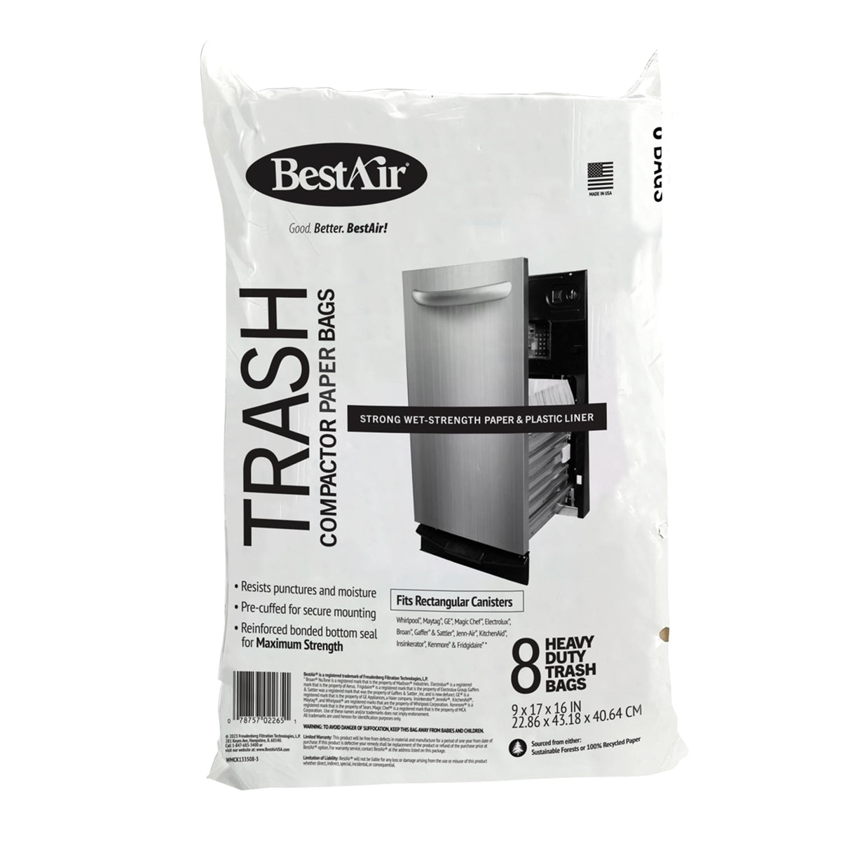 BestAir Heavy Duty Trash Compactor Bags (8-Pack) | Reinforced Bottom Seal | Wet-Strength Paper with Plastic Liner | Pre-Cuffed Flat Top for Secure Fit