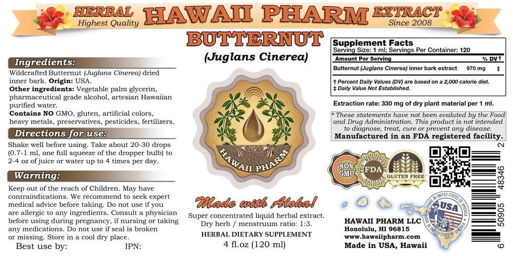 Hawaii Pharm Butternut (Juglans Cinerea) Liquid Extract 4 Oz (120ml)